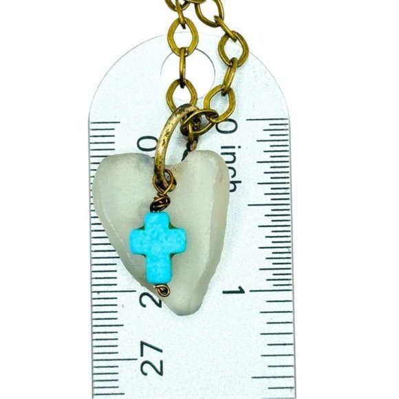 Artisan Light Green Sea Glass Concave Heart Pendant with Turquoise Cross Charm - Picture 9 of 12